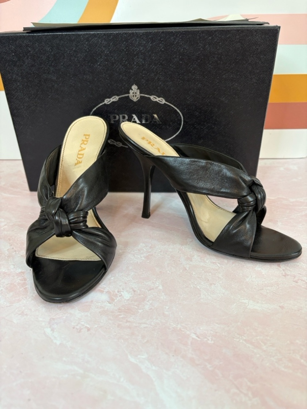 Prada Black Nappa Leather Knot Mule Heels | 37